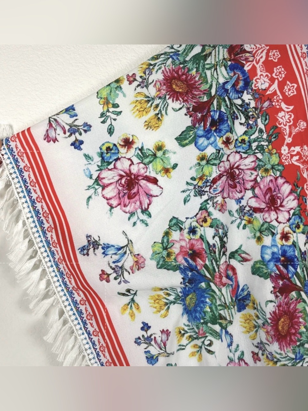 Umgee Coral & Blue Floral Kimono with Fringe Trim - Picture 4 of 5